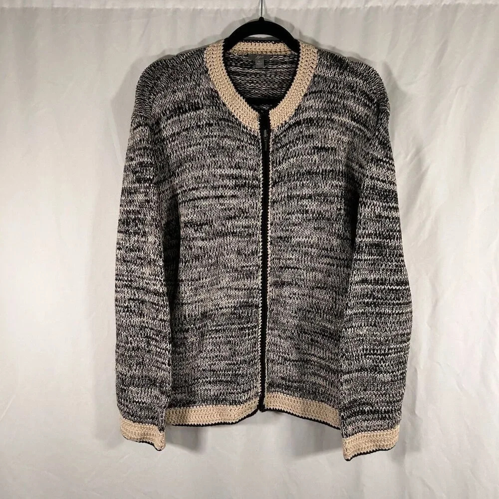 J Jill Cardigan Women's Large Black White Full Zip Knit Crew Neck Long Sleeve